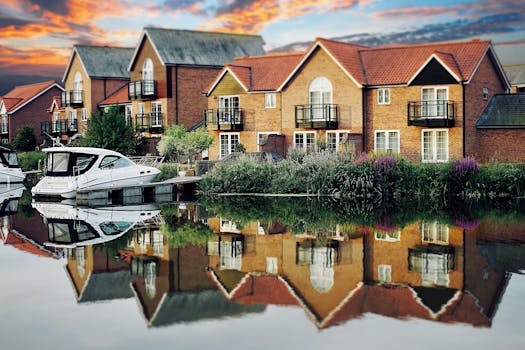 Picturesque riverside homes with colorful sunset reflection on a canal in the UK, capturing serene beauty.